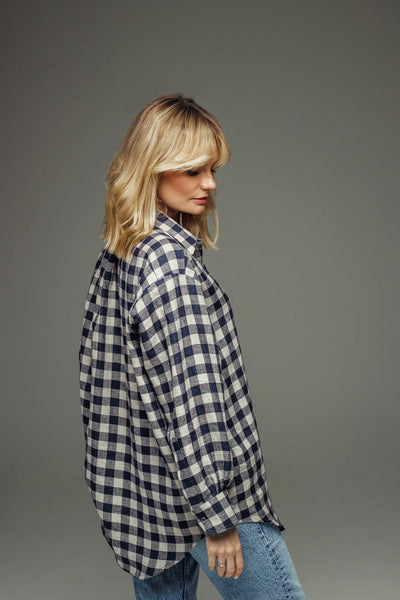 Ines mėlyni languoti lininiai oversized marškiniai