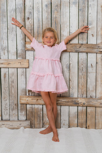Vaikiška rožinė lininė mini Loulou suknelė mergaitėms