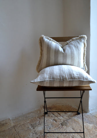 Ostuni Wide Stripe Nude & White Linen Cushion Cover with Fringe