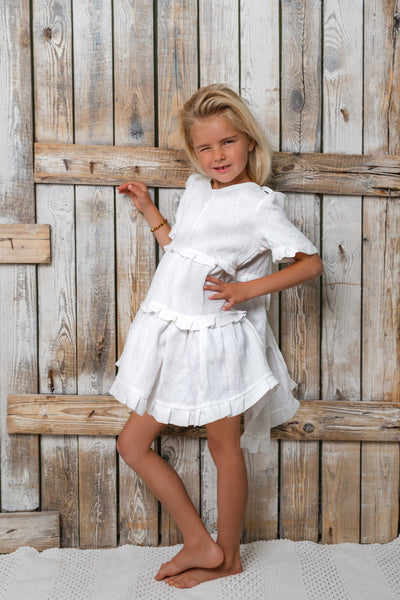 Balta lininė mini Loulou suknelė mergaitėms