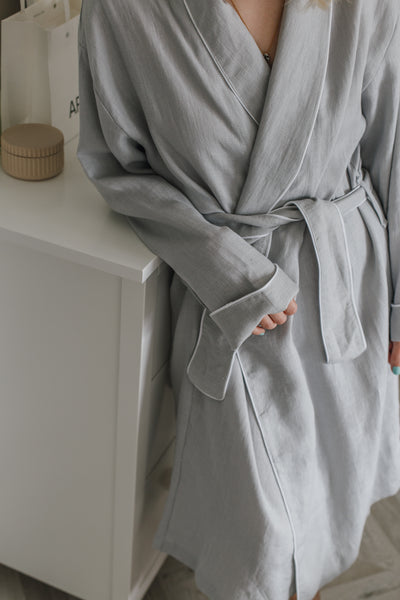 Summer Light Grey Soft Linen Unisex Bathrobe // With White Pipping