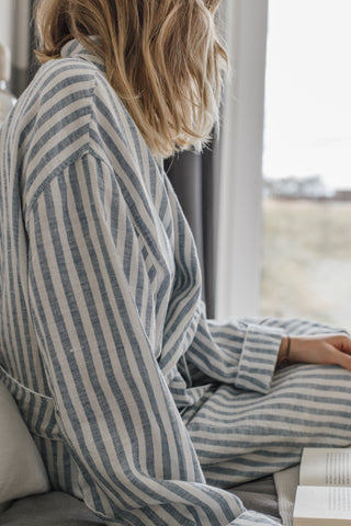 Summer Striped White & Light Blue Soft Linen Unisex Bathrobe // With White Pipping