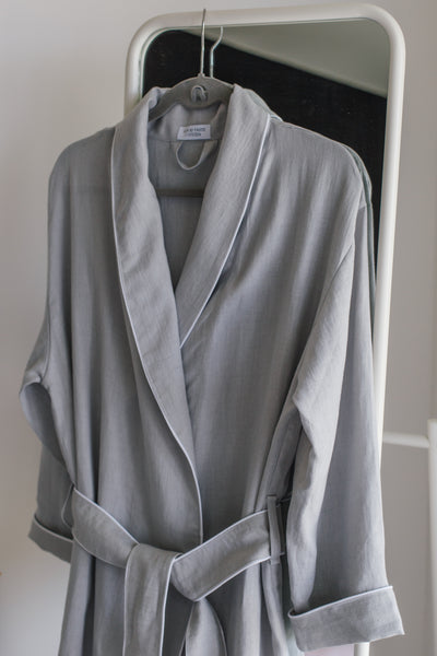 Summer Light Grey Soft Linen Unisex Bathrobe // With White Pipping